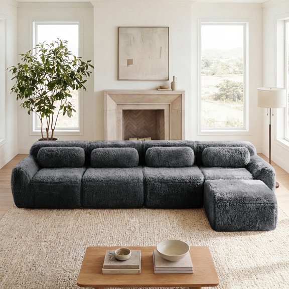 Miekor Furniture L-shaped Soft And Fluffy Plush Fabric,Modular Sectional Sofa Couches,32D High Density Sponge Bottom Anti-Slip Design,Free Combination Buckle Connection,No Assembly Required,Fo No0857