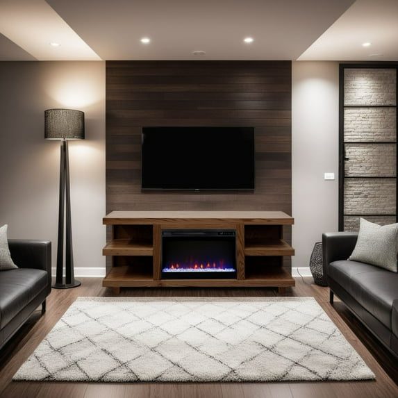 Miekor Furniture Laurel Canyon 65 inch Fireplace TV Stand for TVs up to 75 inches, Minimal Assembly, Oak Bourbon Finish 88516