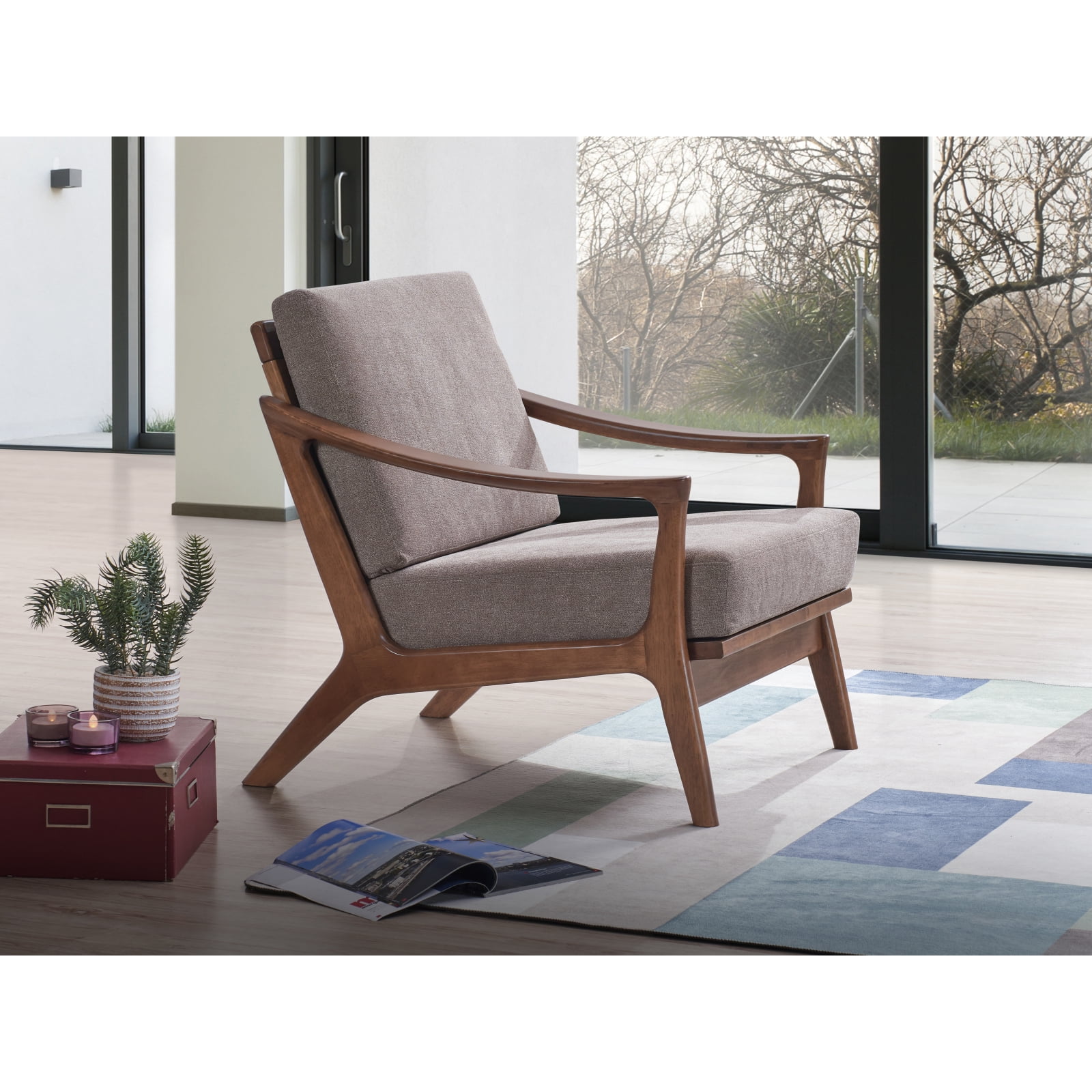 Lide Light Brown Rubberwood Accent Chair with Upholstered Cushions