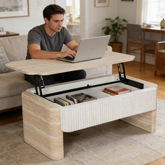 Miekor Furniture Lift Top Coffee Table, Modern Extendable Wooden Desk with Hidden Storage No8244