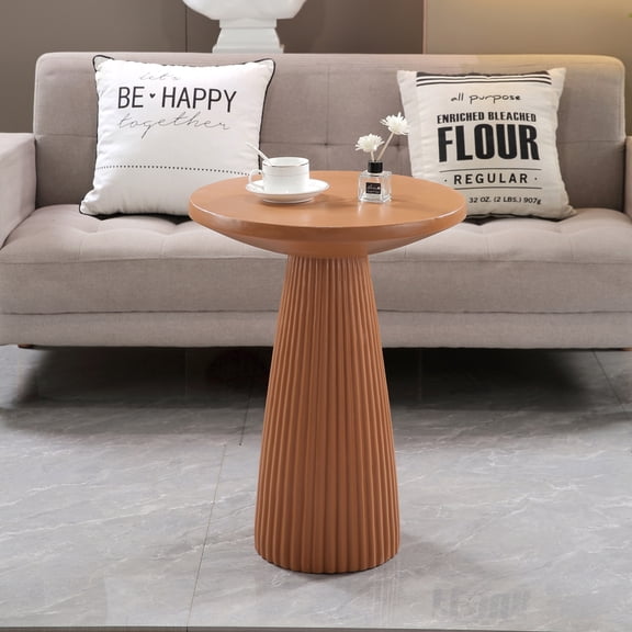 Miekor Furniture Light Coffee Magnesium Oxide Fluted Base Side Table, 17.72" Diameter Round Accent Table No.4624