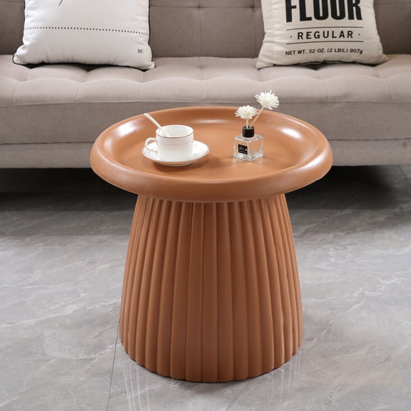 Miekor Furniture Light Coffee Magnesium Oxide Fluted Base Side Table 19.69" Diameter Round Accent Table No.8126