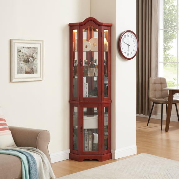 Miekor Furniture Lighted Corner Curio Cabinet with Tempered Glass Doors & Shelves - Elegant Cherry Display Case with Bulb for Living Room & Bedroom Décor- Cherry 48621