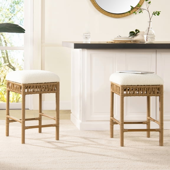 Miekor Furniture Lucia 25.5" Backless Upholstered Counter Stool with Resin Rattan Frame, Ivory White Boucle 73512