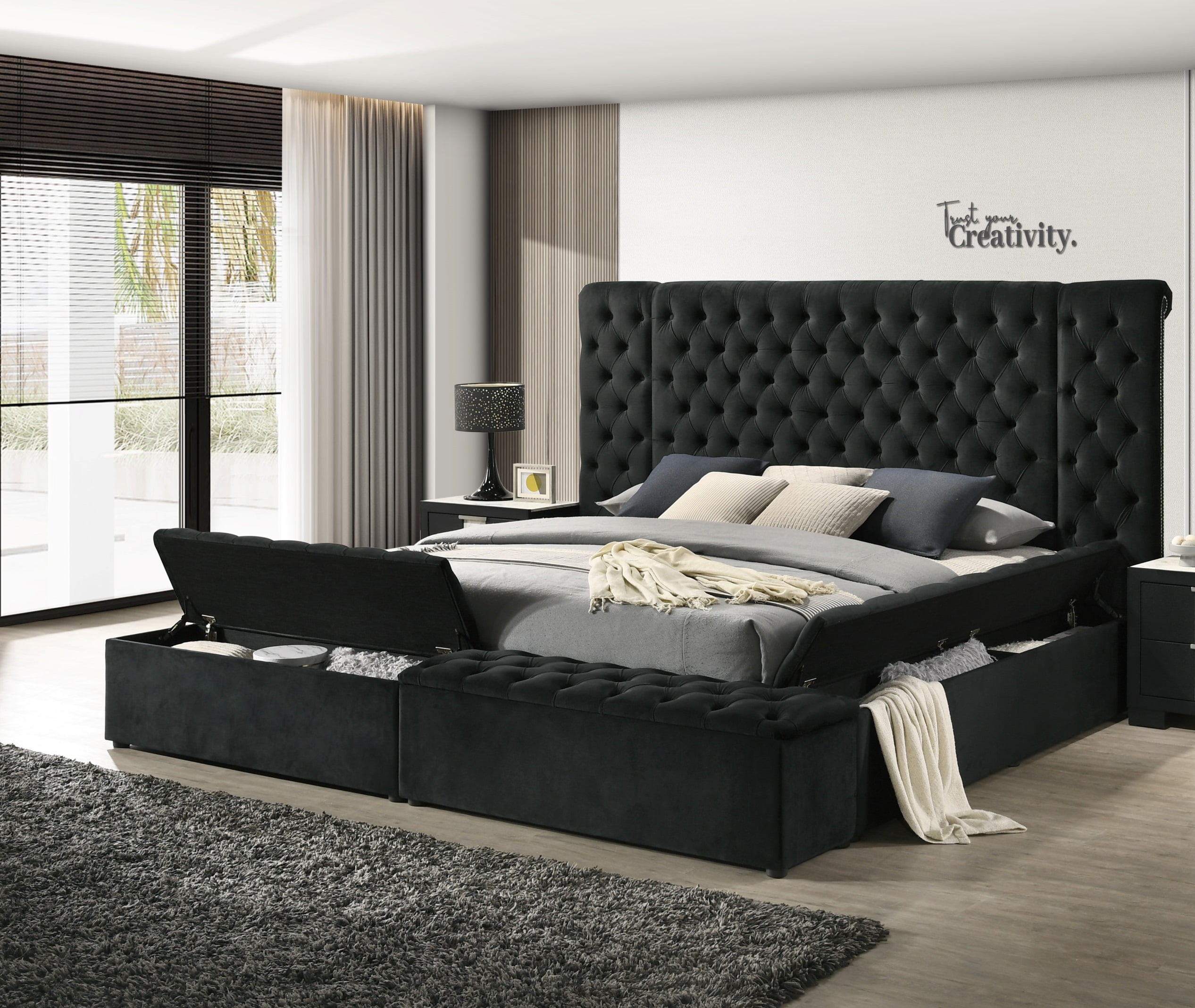 Miekor Furniture Luxurious 1pc Glam Tufted Headboard Upholstered Contemporary Queen Bed Multiple Storage Compartments Wooden Bedroom Furniture Black 43829