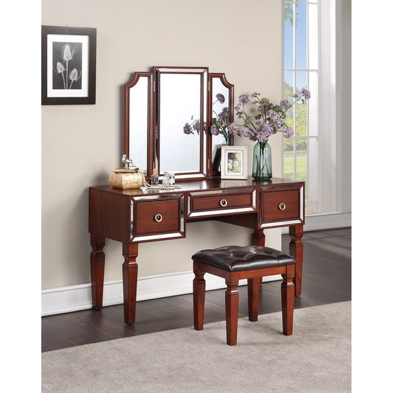 Miekor Furniture Luxurious Majestic Classic Cherry Color Vanity Set w Stool 3- Storage Drawers Bedroom Furniture Set Tri-Fold Mirror W5U850