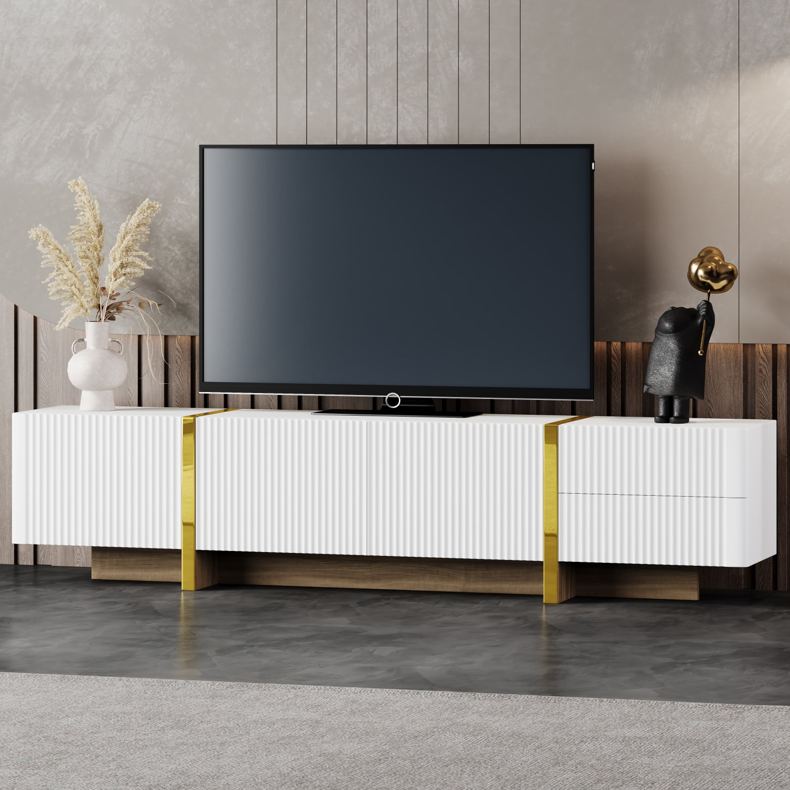 Miekor Furniture Luxury Fluted Tv Stand For Tvs Up To 80", Modern Entertainment Center With Storage Cabinets & Drawers, Smooth Media Console With Golden Wood Grain Legs For Living Room, White 71AAK