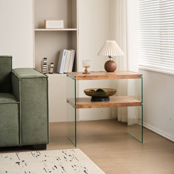 Miekor Furniture MDF SideTable, Small Tea Table, Walnut Night Stand Tempered Glass Sofa Table No.6576