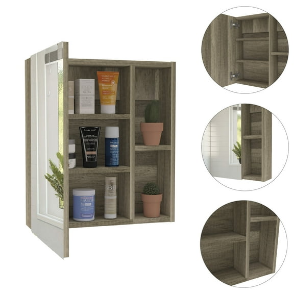 Miekor Furniture Medicine Cabinet Mirror Clifton, Five Internal Shelves, Pine Finish 122977