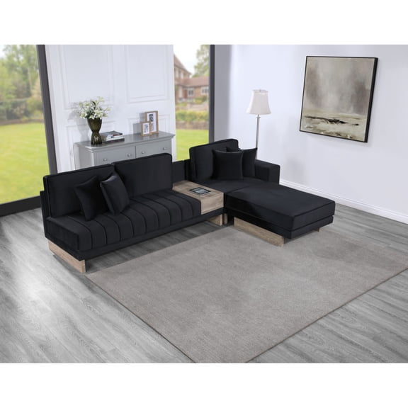 Miekor Furniture Messina 122.5"W Black Velvet Reversible Sectional Sofa Ottoman with Storage Compartment, Drawer, USB ports, Charging Outlets No1318