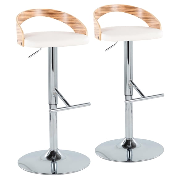 Miekor Furniture Mid-Century Modern Adjustable Height Barstool with Swivel in Chrome Metal, Zebra Wood and White Faux Leather with Straight T Footrest - Set of 2 No.9618
