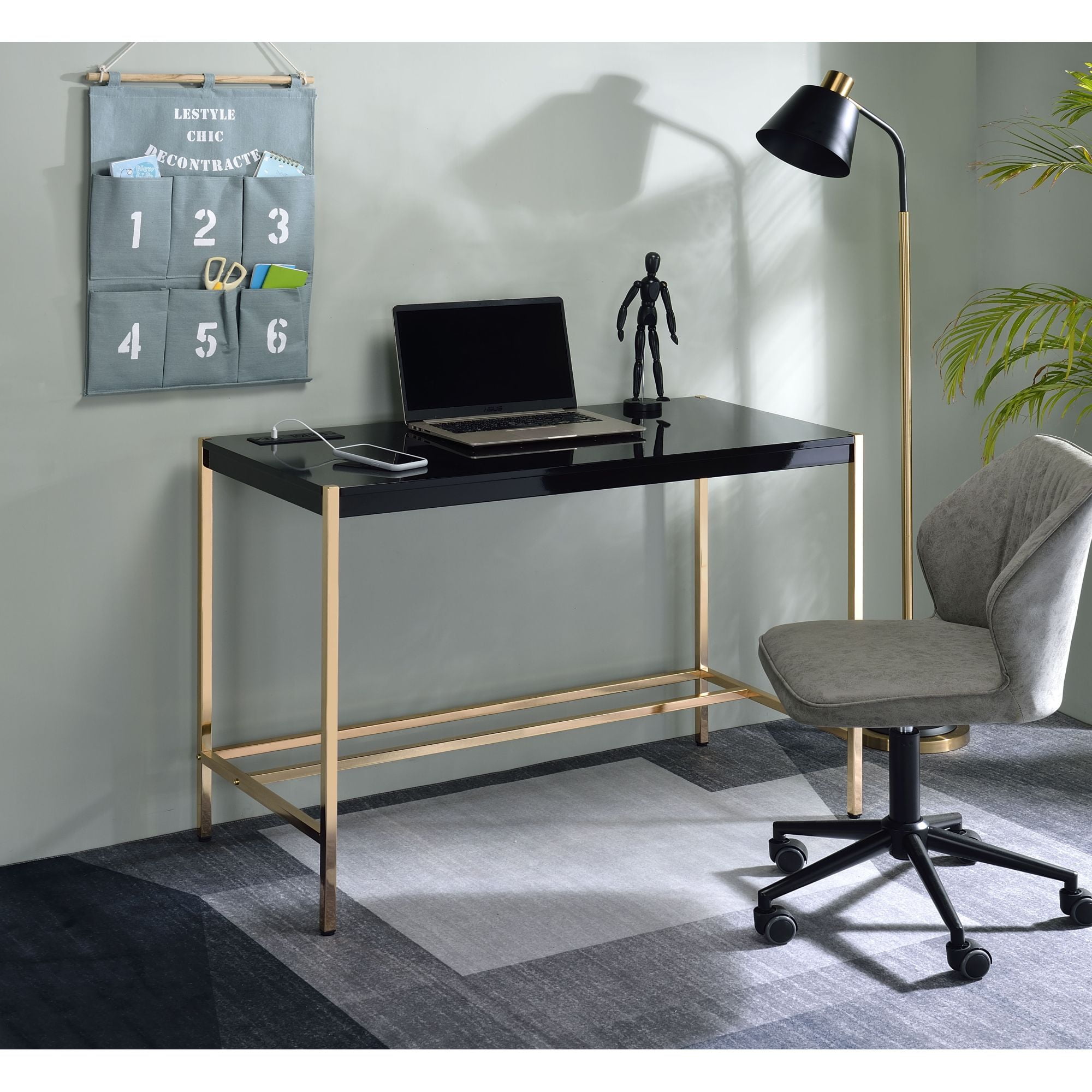 Sleek 45" Black Wood Writing Desk with USB Port and Filing Cabinet