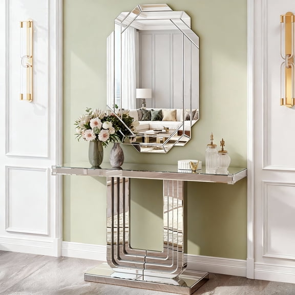Miekor Furniture Mirrored Console Table, Silver Entryway Table with U Base & Hand-Spliced Line Design for Living Room, Hallway, Foyer, 47 Inch No.1057