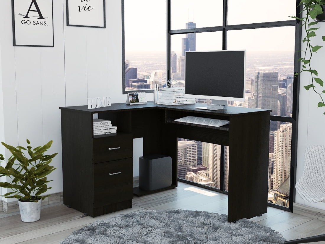 Miekor Furniture Mix L-Shaped Desk, Keyboard Tray, Two Drawers, Single Open Shelf -Black 1961