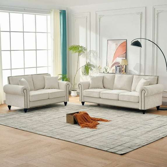 Miekor Furniture Modern 3 & 2 Seater Sofa with Rolled Arms,Chenille Upholstered Couch with Wood Legs and Nailhead Trim for Living Room, Apartment,Beige MK0272