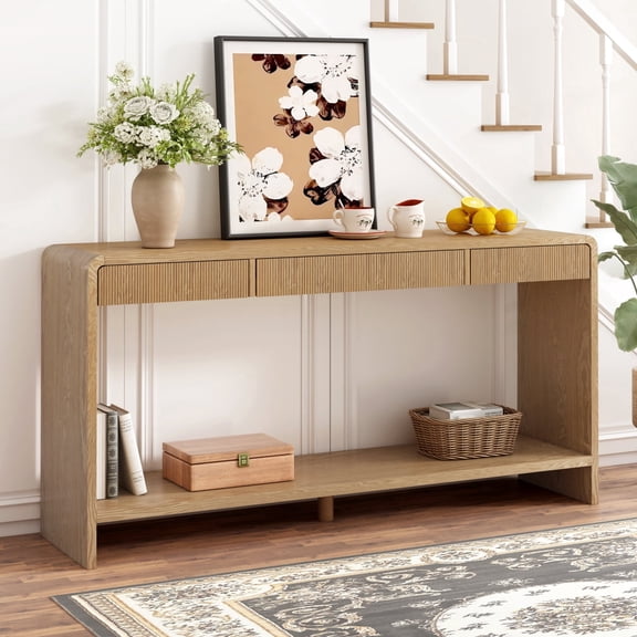 Miekor Furniture Modern 3-Drawer Console Table with Vertical Slats, Round Edge Design, Perfect for Entryway, Hallway or Behind Sofa No9388
