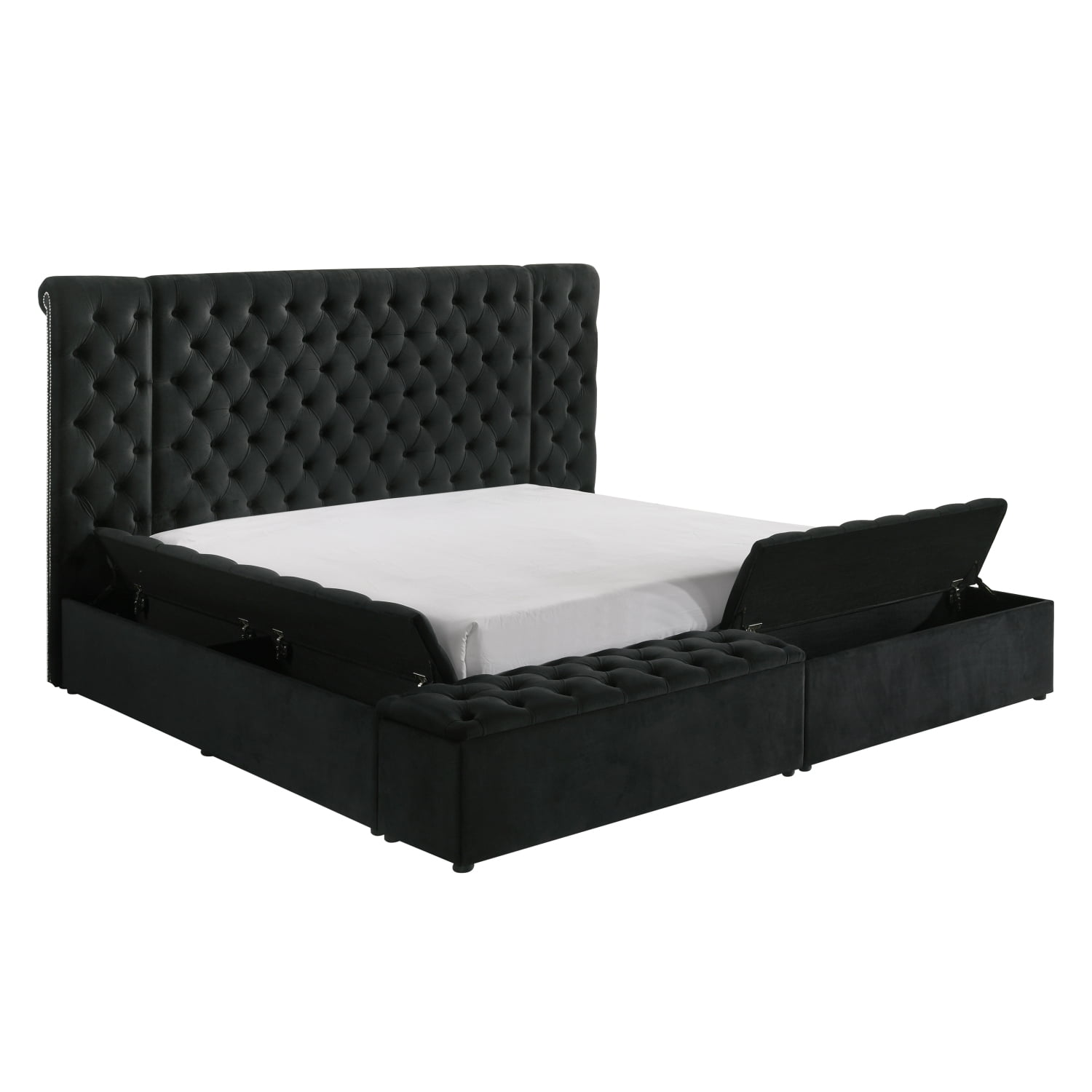 Miekor Furniture Modern Bedroom Sanctuary Black Velvet Plush Tufted Headboard Concealed Storage 1pc Queen Bed 69904