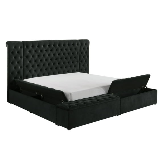 Miekor Furniture Modern Bedroom Sanctuary Black Velvet Plush Tufted Headboard Concealed Storage 1pc Queen Bed 69904