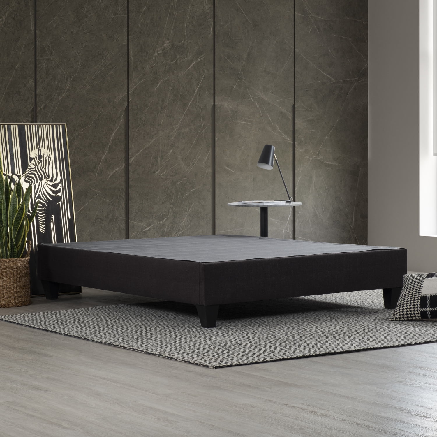 Miekor Furniture Modern Bedroom Upholstered King-Size Platform Bed Base, Wooden Mattress Foundation Bed Frame, Dark Grey 82678