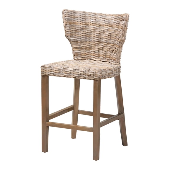 Miekor Furniture Modern Bohemian Grey Kubu Rattan and Mahogany Wood Counter Stool No8032