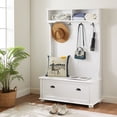 thumbnail image 1 of Miekor Furniture Modern Classic Hall Tree with Shoe Rack Bench and Coat Hooks for Hanging Storage, Entryway Bench with Open Shelves and Shoe Cabinets 40.16"W*18.58"D*64.17"H white 45243, 1 of 12