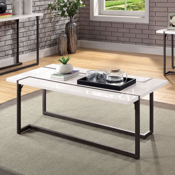 Miekor Furniture Modern Contemporary Style Coffee Table Legs Extending Out On The Table Top Lacquer Top Metal And Steel Structure White And Gun Metal Finish MK7292