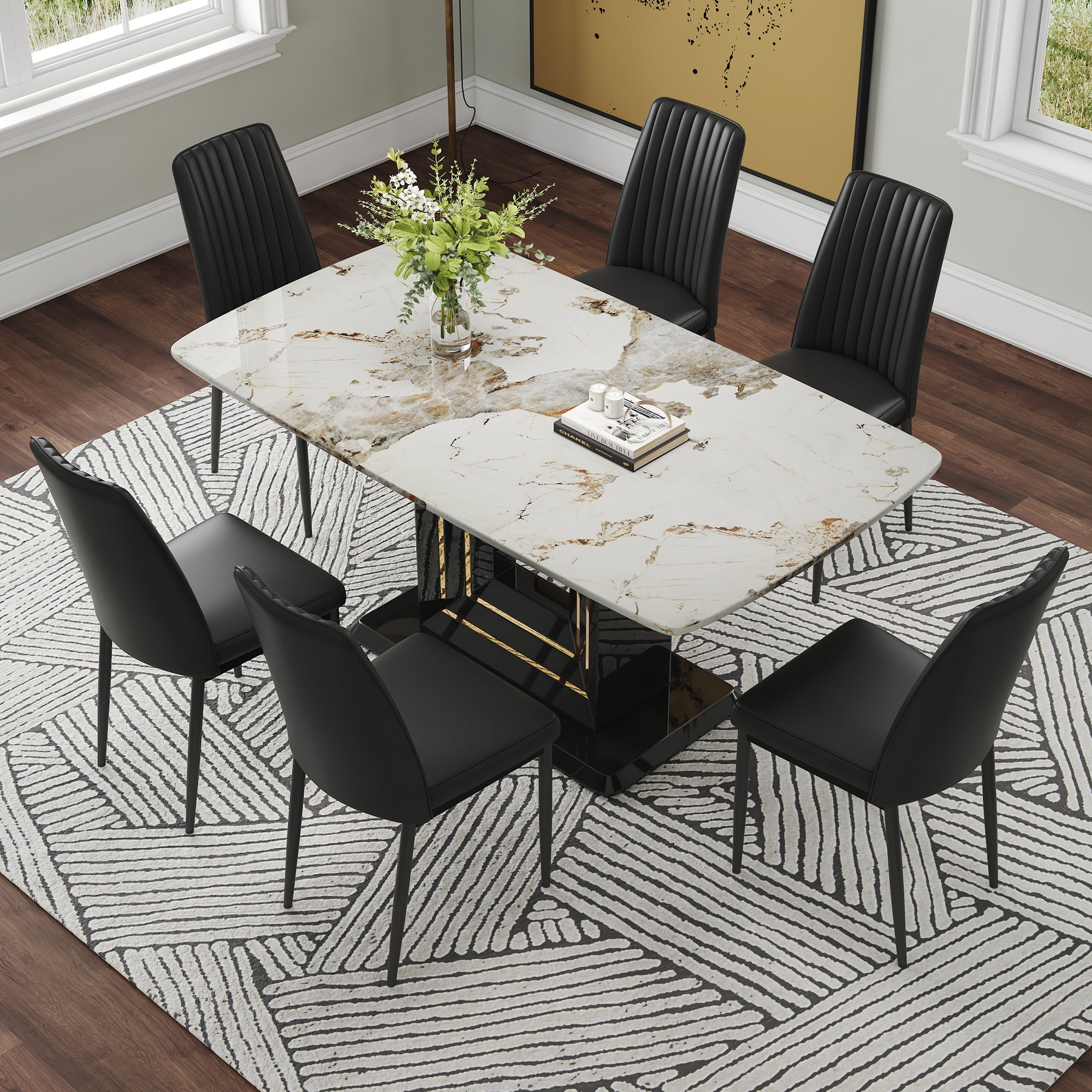 Miekor Furniture Modern Dining Table Set, 7-Piece Faux Marble Kitchen ...