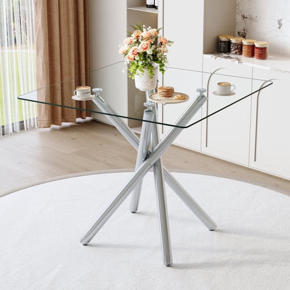 Miekor Furniture Modern Electroplated Metal Leg Bar Table with Tempered Glass Top, Sturdy Cross-Leg Pub Table for Home Bar, Kitchen Island, Living Room No0964