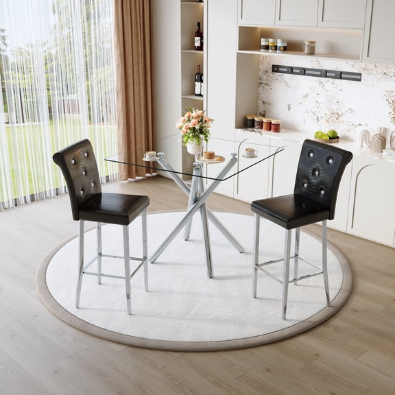 Miekor Furniture Modern Glass Bar Table and Fixed-Height Bar Stools Set of 2, Contemporary Counter Height Pub Table with Chrome Legs, Black PU Leather Bar Chairs for Kitchen Island, Home Bar, No8564