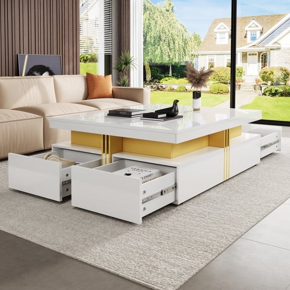 Miekor Furniture Modern Glossy Square Storage Coffee Table with 4 Drawers, 43.3", White No6132