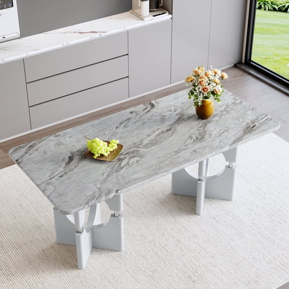 Miekor Furniture Modern Gray Marble Pattern MDF Dining Table, Sleek Hollow-Out Frame with Metal Accents, Compact Kitchen Table for Small Spaces Home/Apartment Dining Room Furniture No.4828