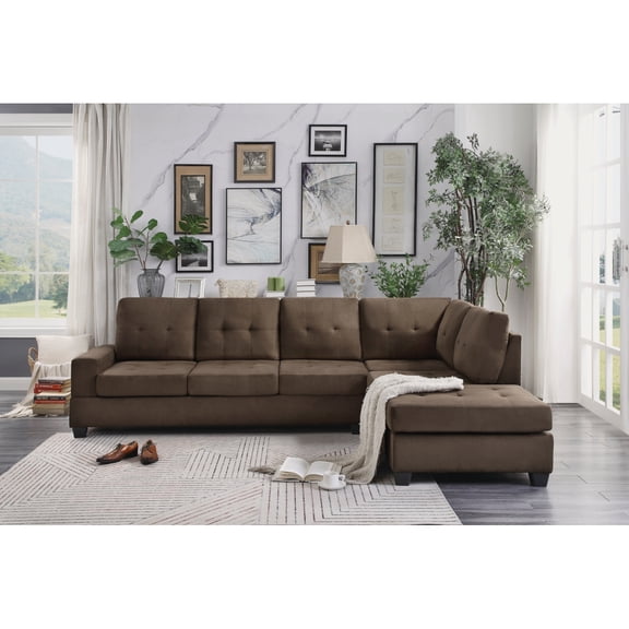 Miekor Furniture Modern Living Room 2-Piece Sectional Reversible Sofa Chaise Tufted Detail Brown Microfiber Upholstered Drop-Down Cup-holder Solid Wood Frame Furniture No5937