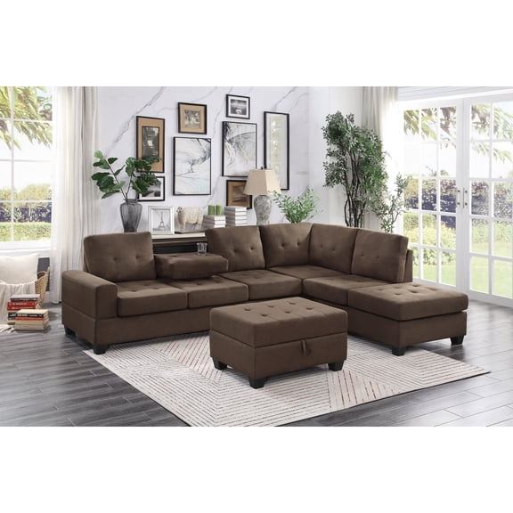 Miekor Furniture Modern Living Room 3-Piece Sectional Reversible Sofa Chaise Storage Ottoman Tufted Detail Brown Microfiber Upholstered Drop-Down Cup-holder Solid Wood Frame Furniture No0821