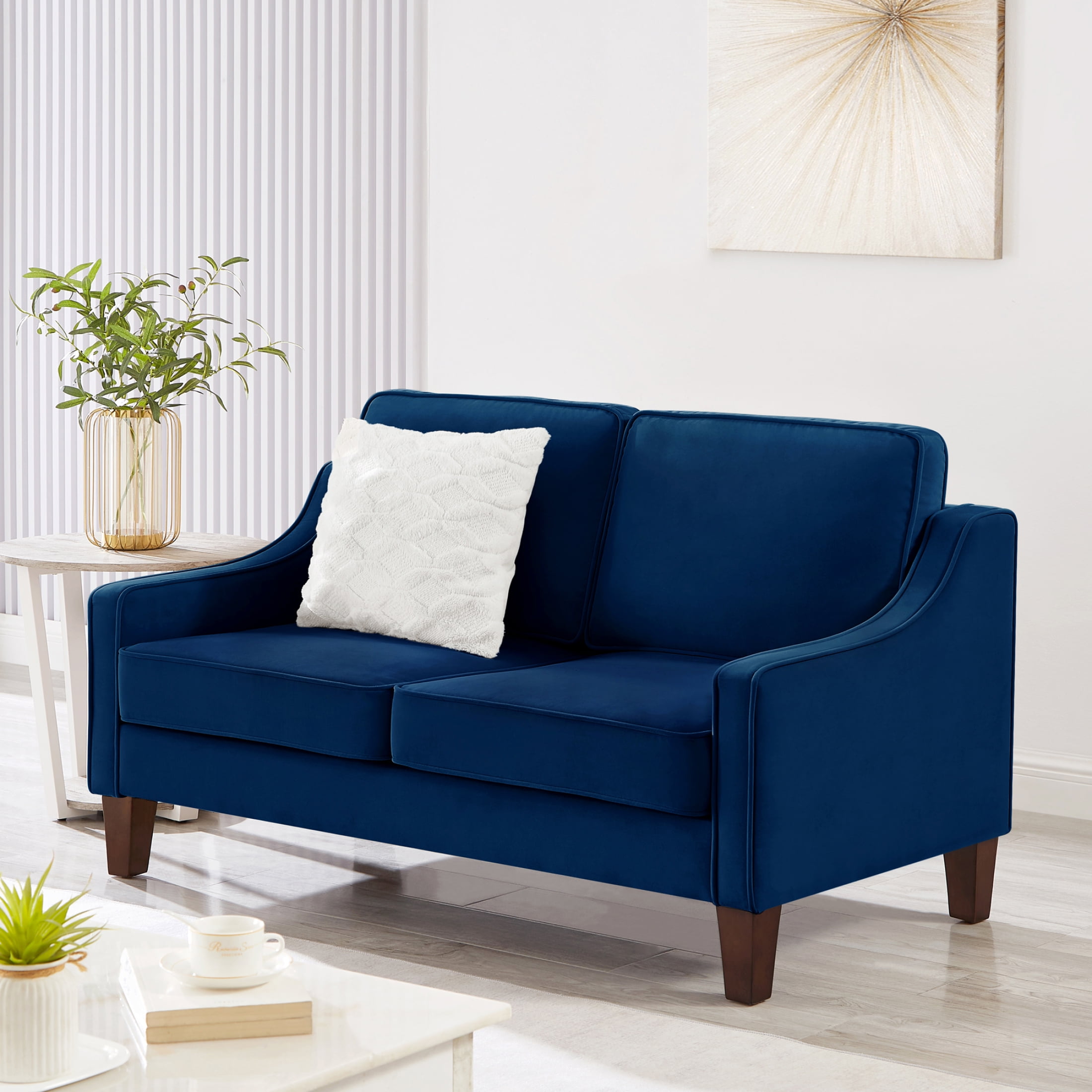Miekor Furniture Modern Loveseat sofa for Living Room, Upholstered Velvet Small Couch with Wooden Legs for Livingroom Bedroom, Navy W4US3468