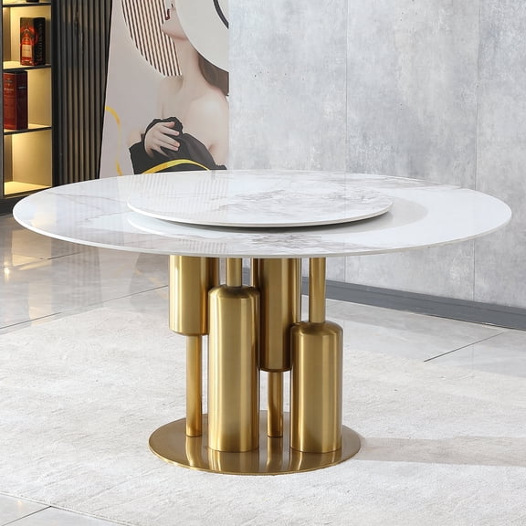 Miekor Furniture Modern Marble Dining Table, 59" Round Sintered Stone Table for Dining Room, Kitchen, Dinette, Compact Space With Lazy Susan(Table Only) No.5282