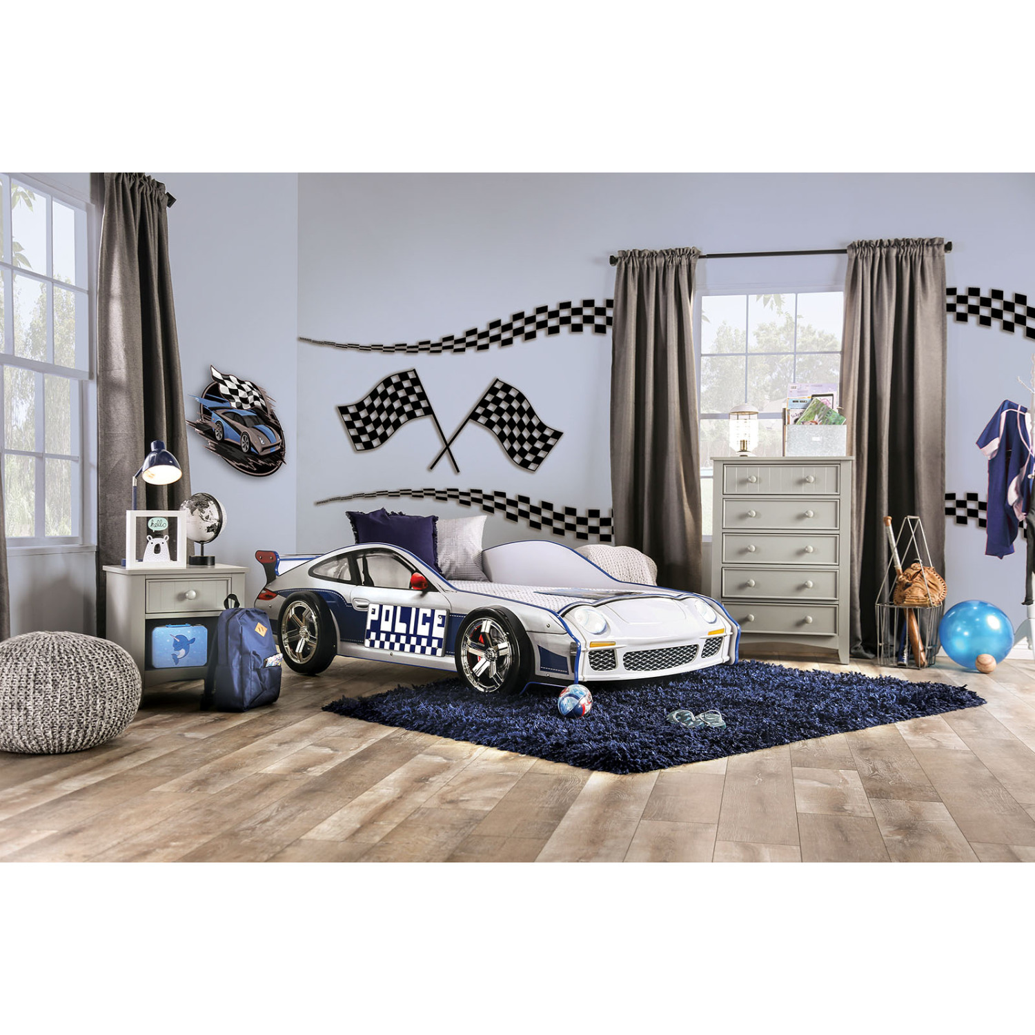 Miekor Furniture Modern Novelty Style Twin Bed Police Car Design With High gloss Design LED Lights On Wheels And Headlights Included Slat Kit Metal Structure Painted Edges Blue And White Finish MK3642