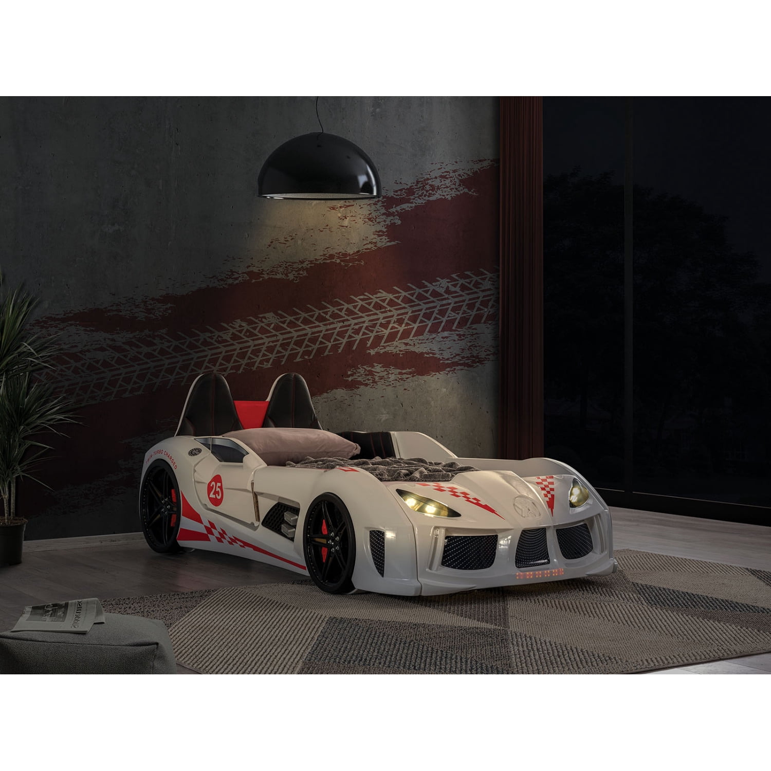 Miekor Furniture Modern Novelty Style Twin Size Race Car Design Bed Attached Two Magnetic Doors With LED Lights On Wheels And Bottom Upholstery Headboard And Sides White Finish MK1167