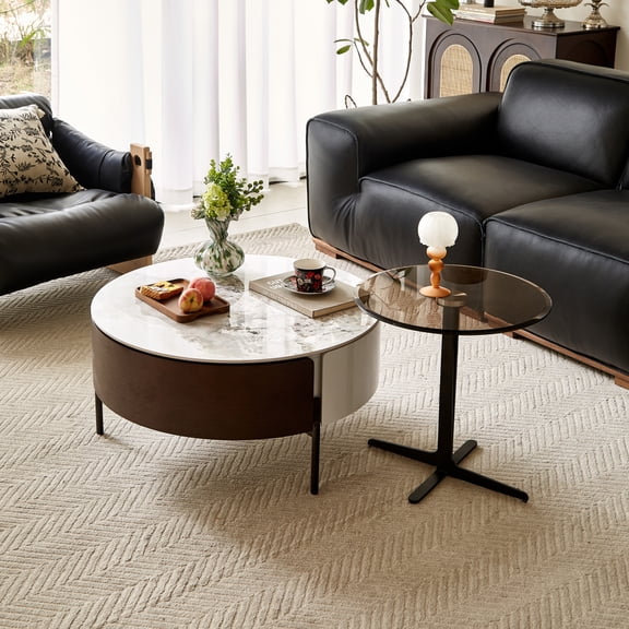 Miekor Furniture Modern Round White & Reall Wood Color Coffee Table With Drawers And Metal Legs, Drum Coffee Table With Golden Legs Circular Center Table With Ceramic Pattern Top -White 95002