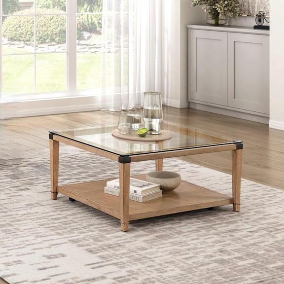 Miekor Furniture Modern Sleek Design Brown Finish Cocktail Table Clear Tempered Glass Tabletop Wooden Furniture 1pc Coffee Table Living Room No9336