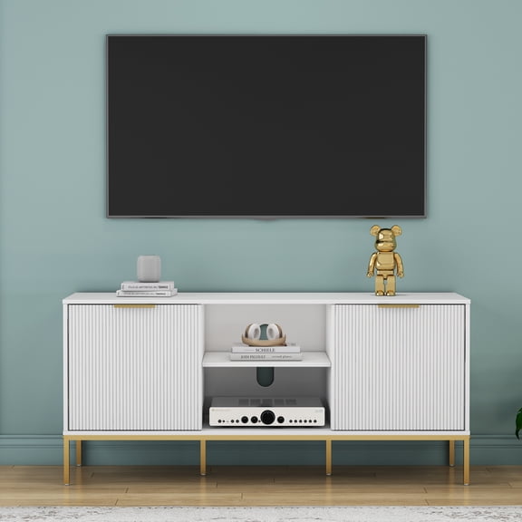 Miekor Furniture Modern TV Stand with Wave-Design Doors, Open Shelf & Adjustable Shelf - Stylish and Functional for Your Living Room No.9812