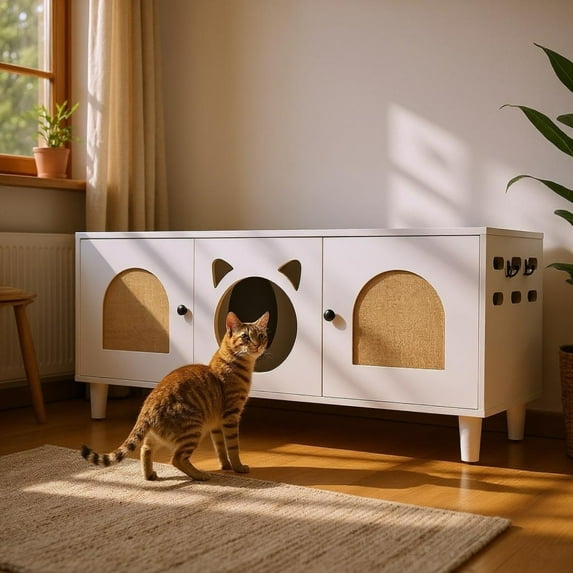 Miekor Furniture Modern Wood Cat Cabinet with Sisal Cat Scratcher, Cat Litter Box Enclosure with Storage, Cream white Side Table MK0726
