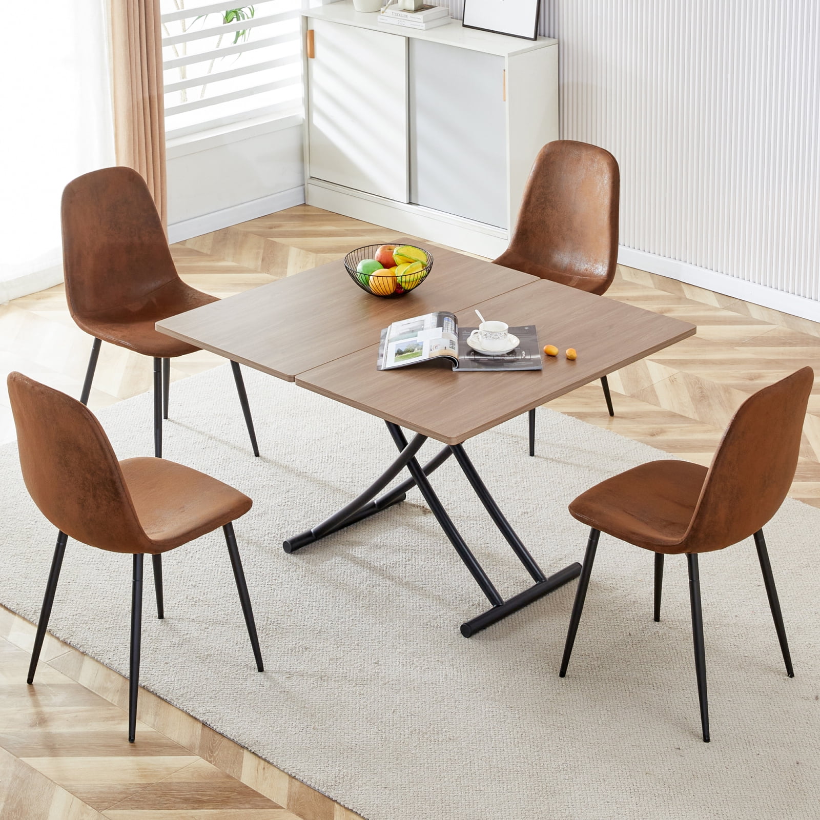 Modern Minimalist Multifunctional Lifting Table – 0.8-Inch Wood Grain Desktop with Black Metal Legs, Versatile Use as Dressing Table, Coffee Table, Dining Table, or Office Table