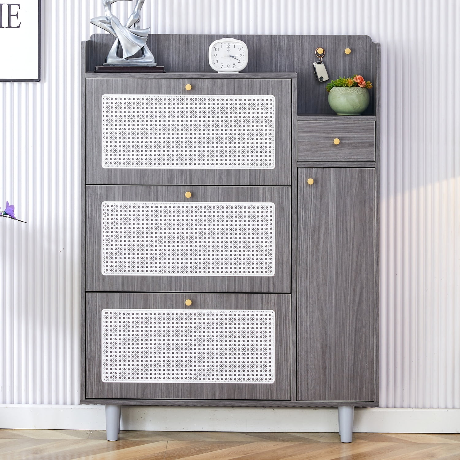 Gray and White Rattan Minimalist Storage Cabinet