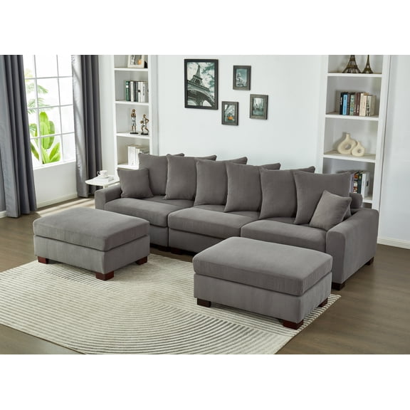 Miekor Furniture Modular Sectional Sofa, 5 Seater Oversized Convertible L & U Shaped Couch, Corduroy Fabric 00001