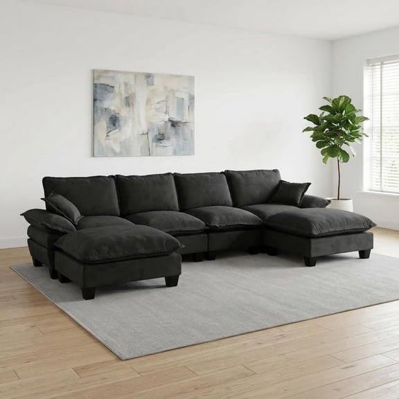 Miekor Furniture Modular Sectional Sofa, U-Shape Cloud Couch with Sailboat Design, 6-Seater Comfy Chenille Fabric Sofa with Movable Ottomans for Living Room Apartment, Black No4175
