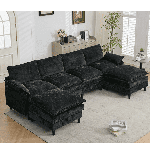 Miekor Furniture Modular Sofa,U Shaped Cloud Couch Comfy Set ,6-Seater, 2 Armrest Pillows,Convertible Sectional Couch, Living Room,Apartment, Chenille(2 Movable Ottoman),Black 70294