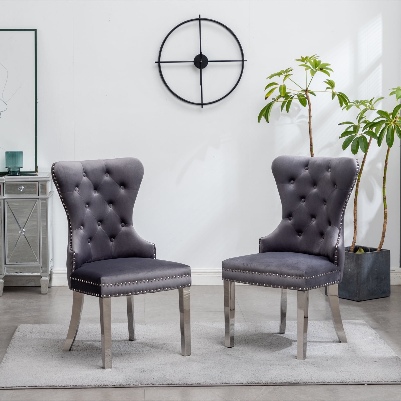 Contemporary Tufted Gray Velvet Chair with Nailhead Trim and Stainless Steel Legs, Set of 2