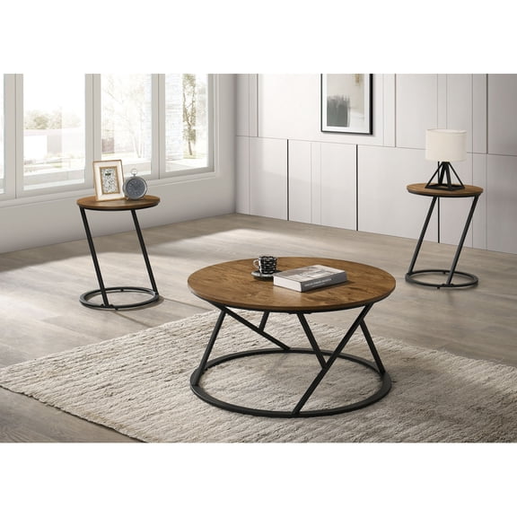 Miekor Furniture Natural Finish Contemporary 3pc Table Set 1x Coffee Table 2x End Table Decorative Abstract Metal Base Primary Living Room No7024