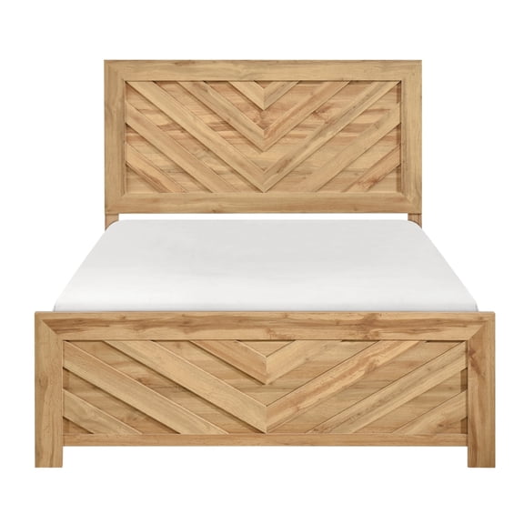 Miekor Furniture Natural Finish Queen Size Panel Bed Chevron Pattern Wooden Rustic Bedroom Furniture 1pc No6028