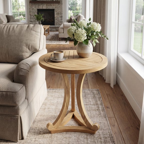 Miekor Furniture Natural Finish Round Wood Accent Table - Elegant Curved Base End Table for Living Room, Bedroom, or Patio No9456